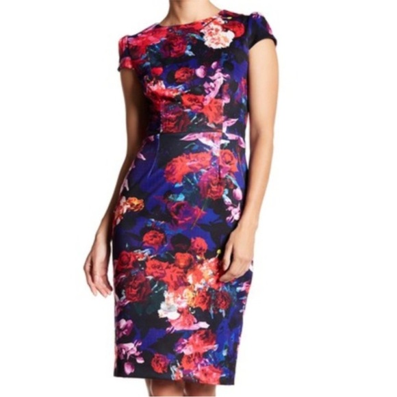 Betsey Johnson Cap Sleeve Violet Red Floral Knee Length Sheath Dress size 12 - Picture 1 of 13